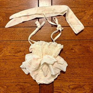 Cream and Pink Ruffled Baby Romper with Matching Headband, Pink Bows